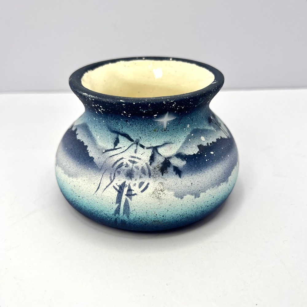 Cedar Mesa‎ Blue Pottery Small Vase 3" Native American Style Night Scene Canoe